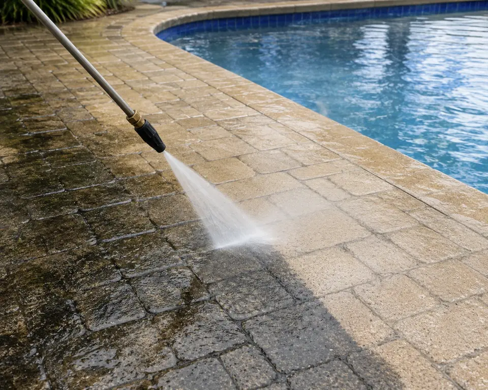 Pressure washing a pool deck